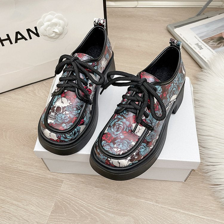 plus size small leather shoes women's british style flatsspring & fallprintingthick sole thick high heel loafersfashion