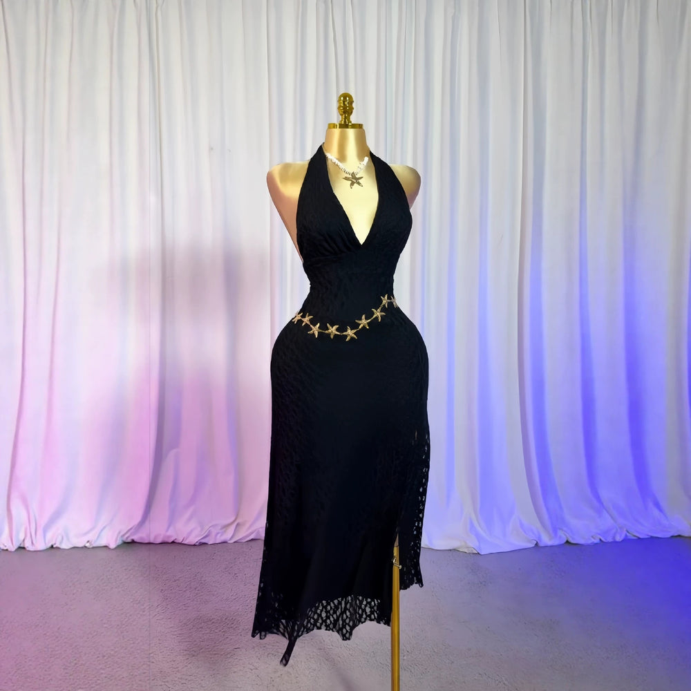European and american cross-border women's fashion:  summer new arrival - solid color sleeveless halter neck v-neck tie-up backless sexy dress