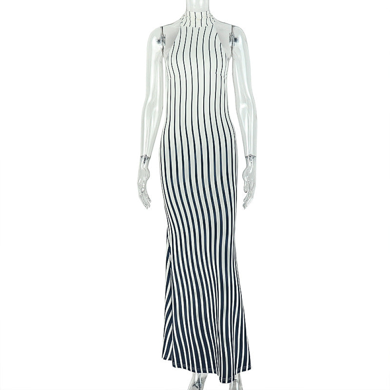 European and american style cross-border black and white design women's sleeveless sexy bodycon dress with high neck, open back, and gradient color