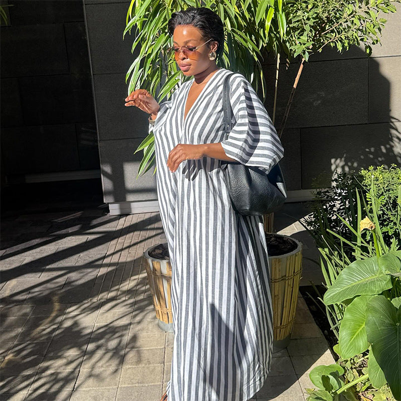 European and american women's clothing  autumn new sweet and fresh loose plus size striped v-neck batwing sleeve straight maxi dress