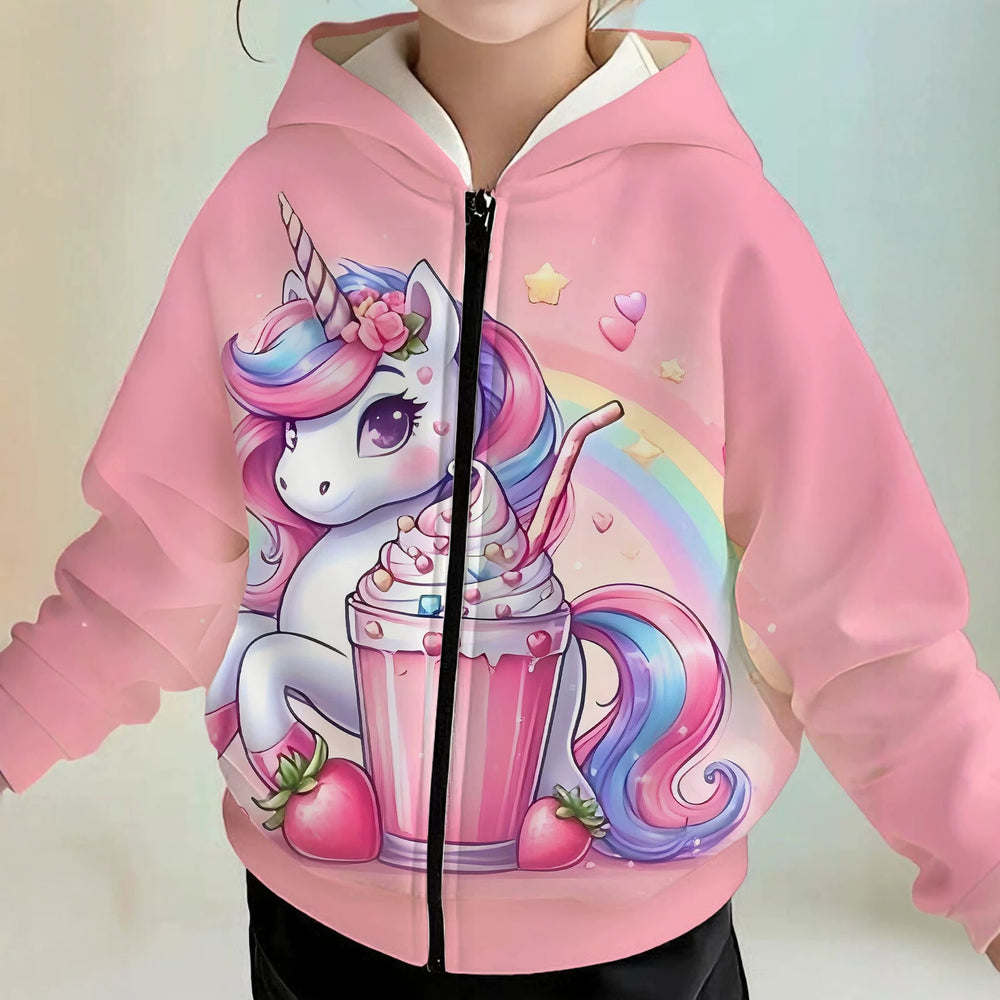 Kids' hoodie jacket, cross-border hot seller: cute cartoon print fashion zip-up hoodie for girls, dropshipping available