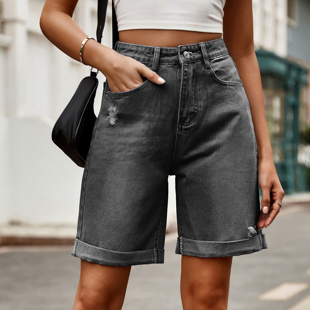 European and american clothing cross-border trade independent station  new arrival ripped and curled half length denim shorts casual pants trendy