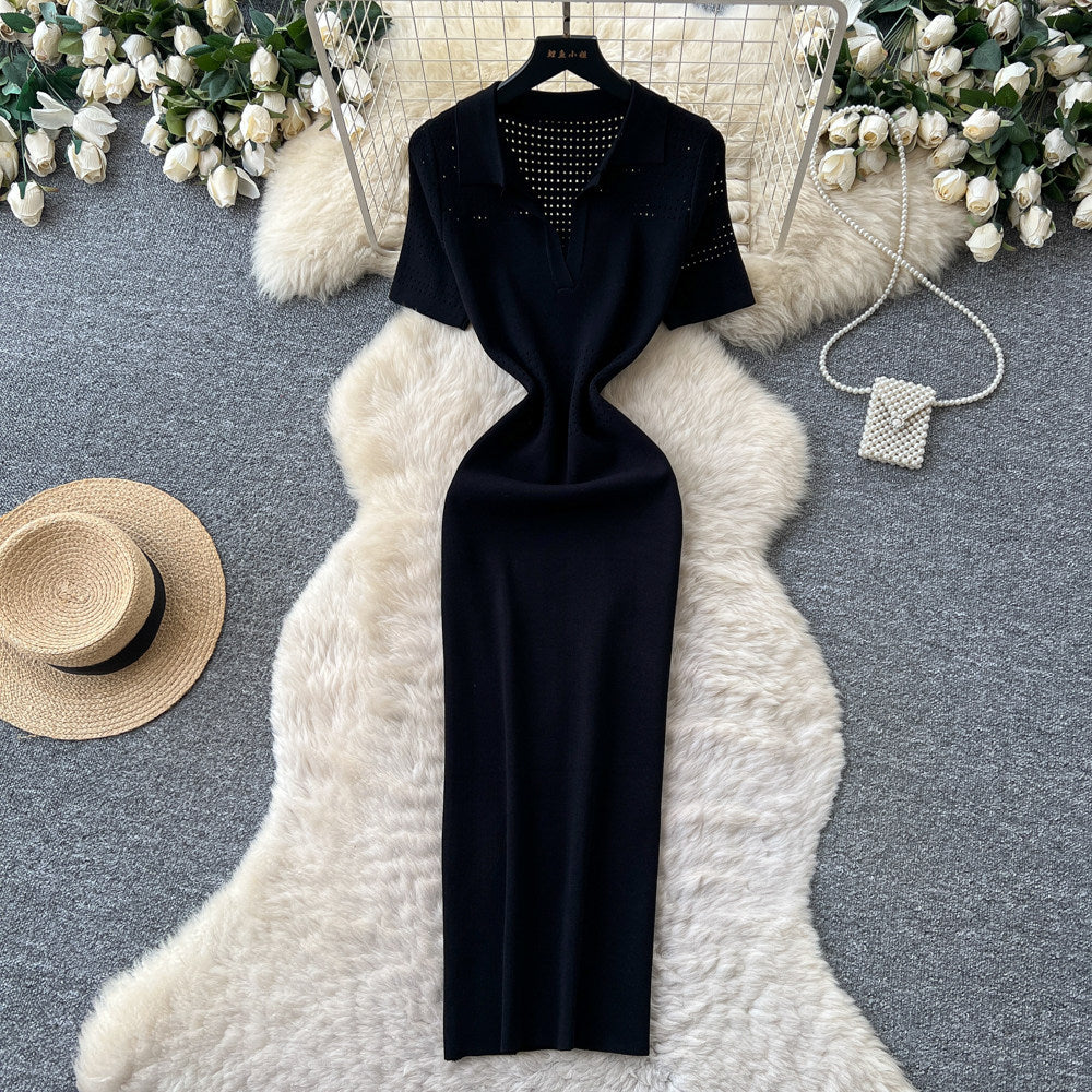 Korean style commute-ready knitted bodycon dress - women's summer short sleeve slimming a-line maxi dress - sophisticated & elegant