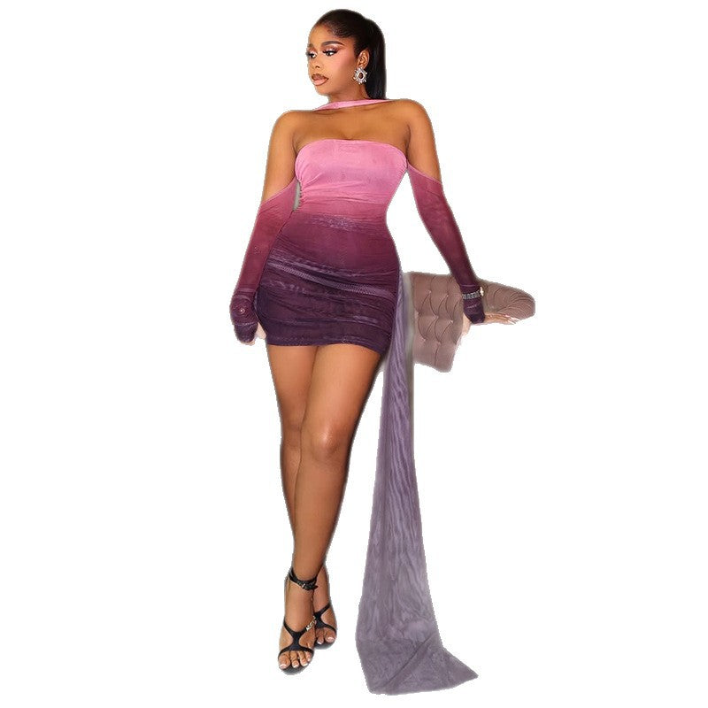 European and american style women's fashion gradient slim-fit bodycon mini dress - bandeau, off-the-shoulder, tie-up, long sleeve