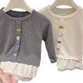 New girls' spring/autumn lace-trimmed cartoon embroidered undershirt - versatile, stylish, and trendy brand for baby girls