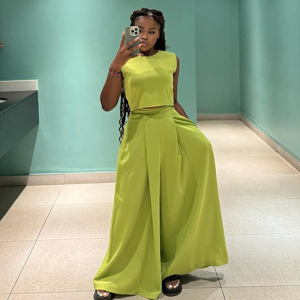 European and American  women's clothing 2025 summer new fashion round neck sleeveless top high waist wide leg trousers casual suit
