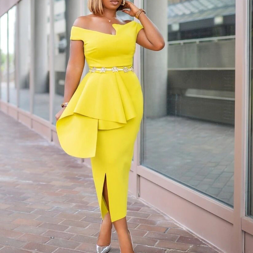 D3070 autumn plus size fashion women's elegant commute high waist midi dress european and american export dress cross-border formal wear
