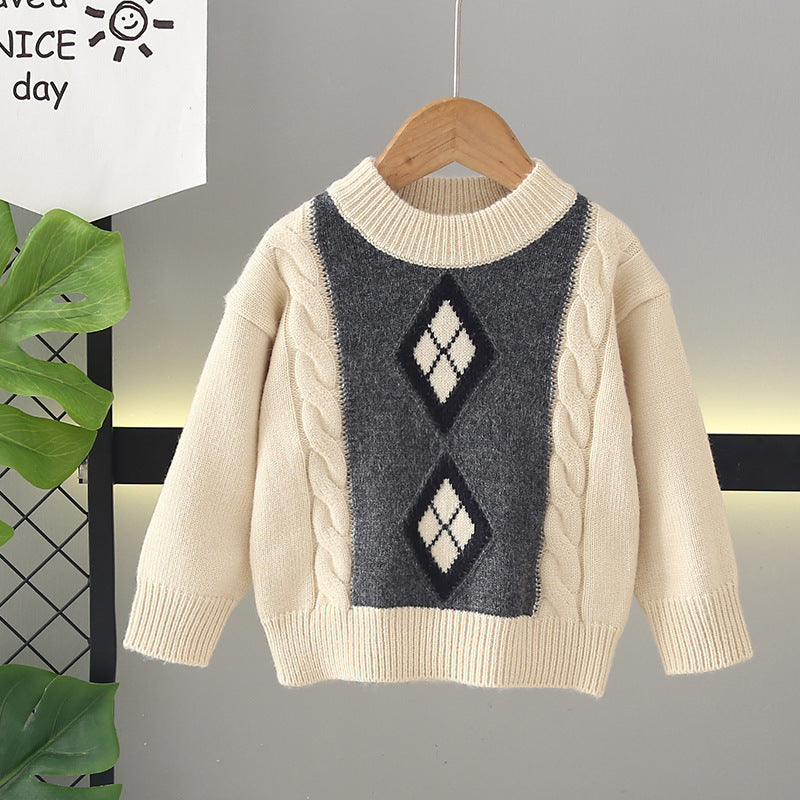 Kids' fleece-lined sweater:  winter collection - thickened pullover knit top, korean style, boys' crew neck wool sweater