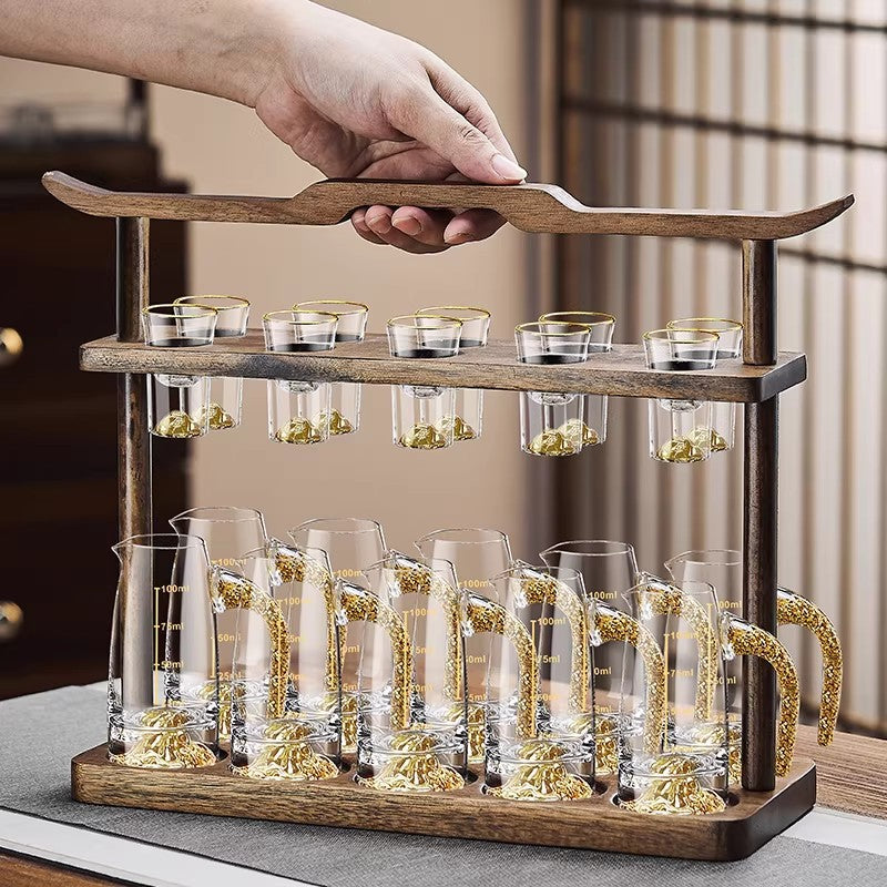 High-end acacia wood white wine glass set - home use, light luxury crystal glass shot glasses, gold foil wine pourer, barware set