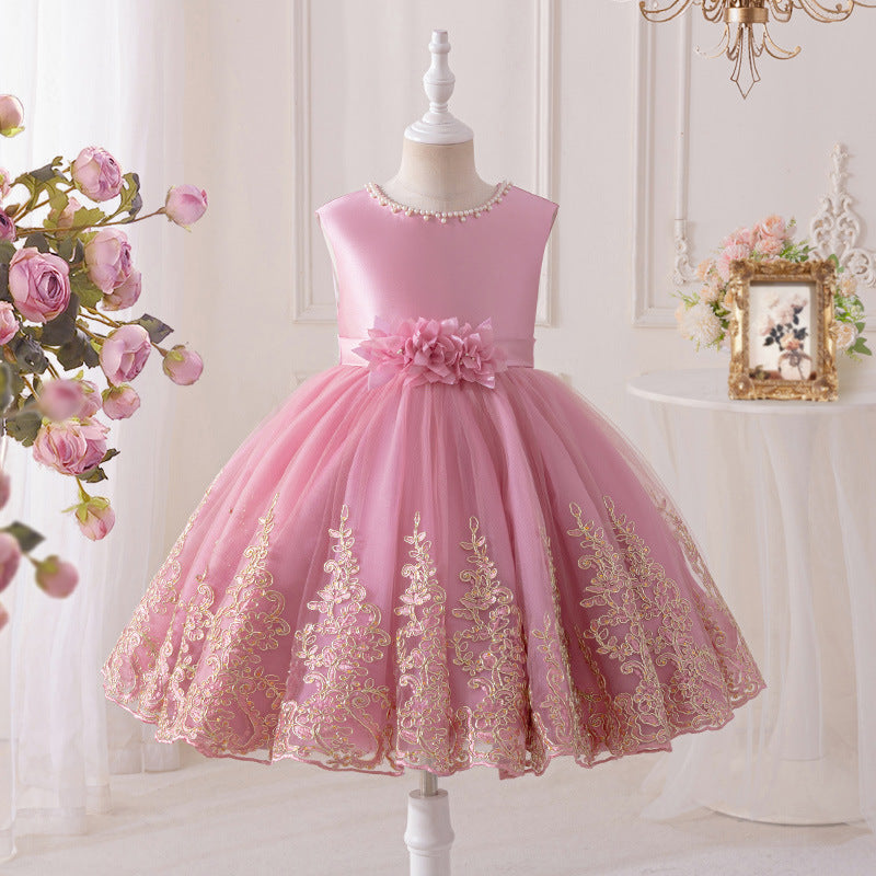 Girls' princess dress - sweet style, european & american chic, runway-inspired gown, flower girl wedding dress, round neck, children's mid-length, customizable