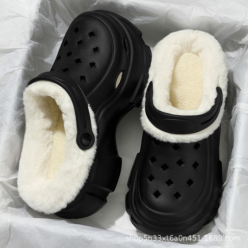 2024 cartoon cotton slippers for girls, new autumn/winter thick-soled, height-increasing, non-slip, two-wear style, fleece-lined warm fuzzy clogs