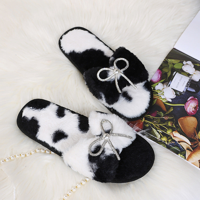 Women's winter cotton slippers with rhinestone detail, fuzzy indoor slippers with bow, home autumn and winter plush warm slippers for women