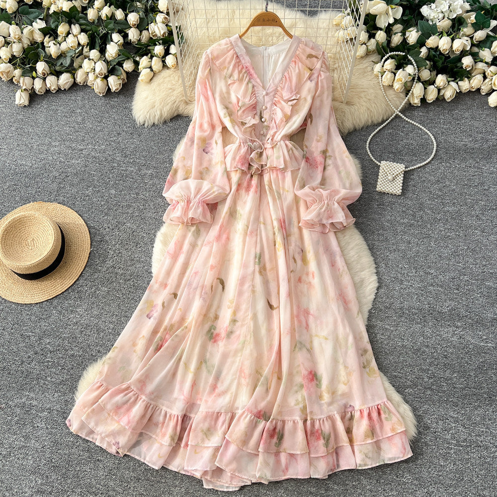 Romantic v-neck lantern sleeve printed dress - women's summer slimming mesh ruffle maxi dress