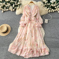 Romantic v-neck lantern sleeve printed dress - women's summer slimming mesh ruffle maxi dress