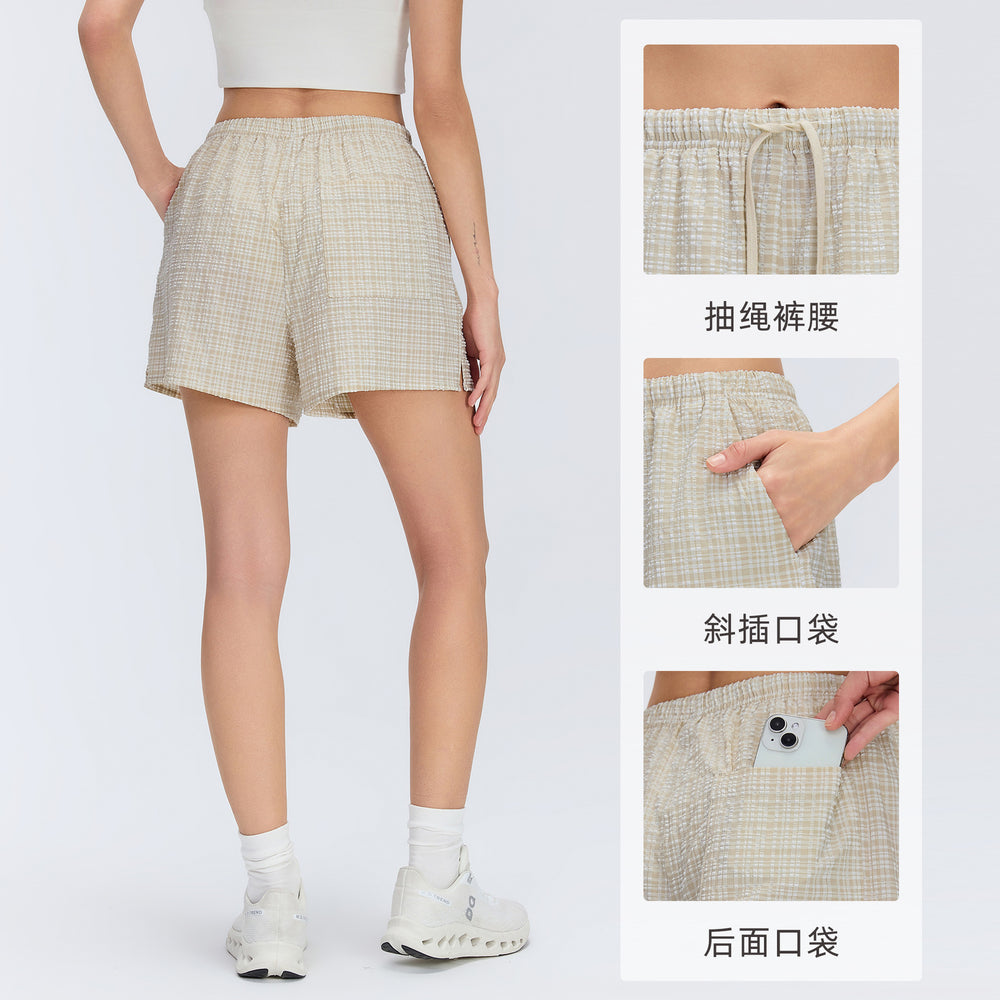 Women's casual sports shorts - bubble plaid, elastic waist, running training shorts, summer quick-dry fitness pants d26033