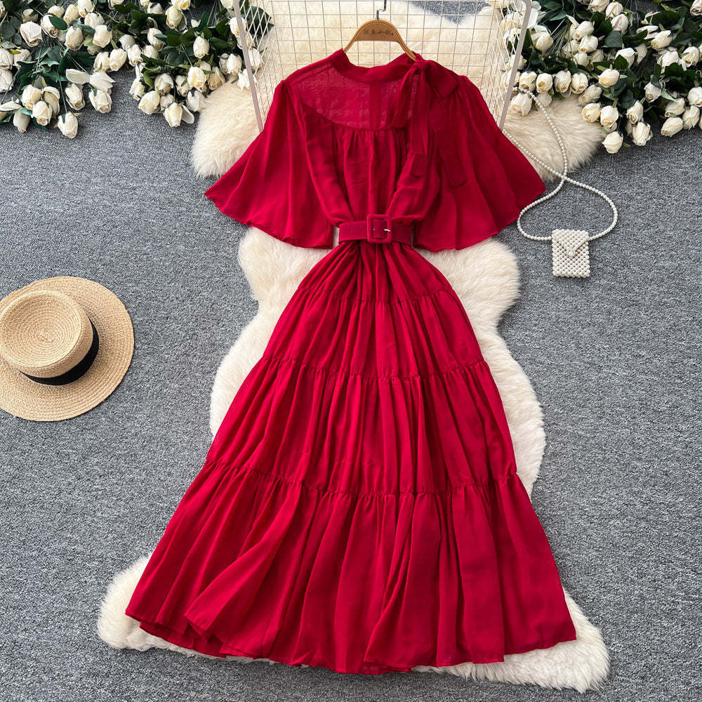 French court style lantern sleeve tiered dress - women's summer tie-waist a-line maxi dress - slimming & elegant