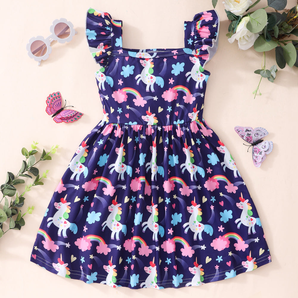 Kids' sleeveless square neck unicorn rainbow dress