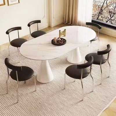 Luxury modern minimalist small apartment home oval dining table french cream style sintered stone dining table and chair set