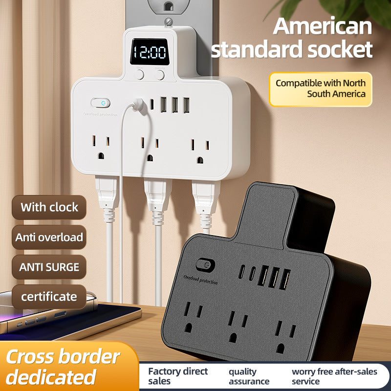 Us standard power strip, american plug adapter, us/canada converter, overload protection, ul/fcc certified, with clock