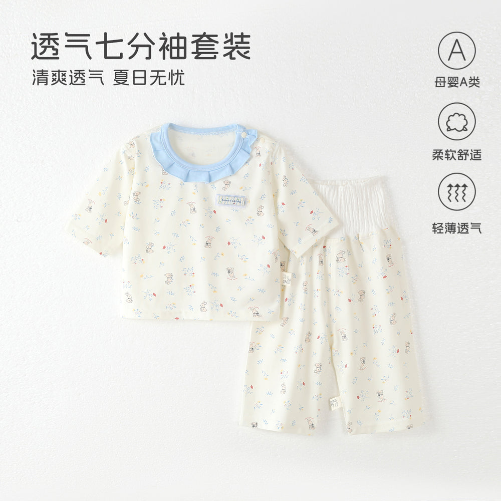 Baby pajamas mocotton thin style kids' loungewear summer boys' and girls' three-quarter sleeve air conditioning suit high-waisted set