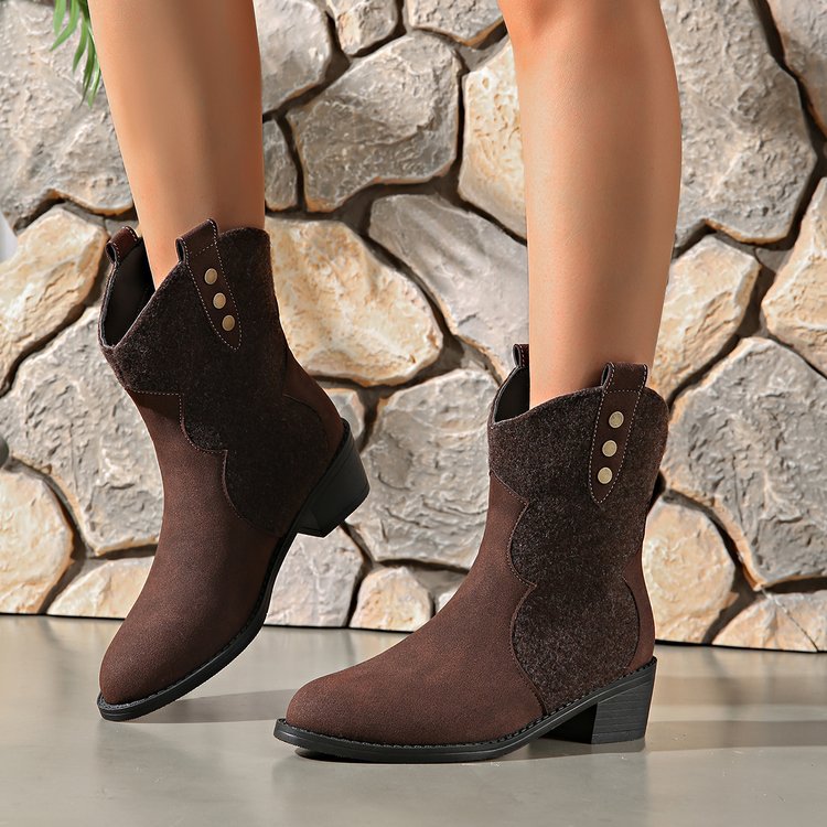 new arrival cow suede boots fashion style pointed toe patchwork sleeve thick heel medium heel plus size short boots casual women's boots