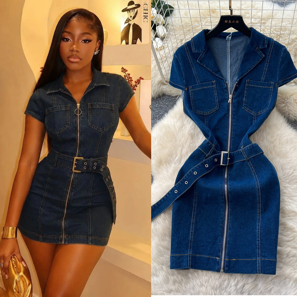 Frenchretro stylework clothing lapel zipper denimdress women's summerk-stylehigh waist waist slimming look a-line skirt