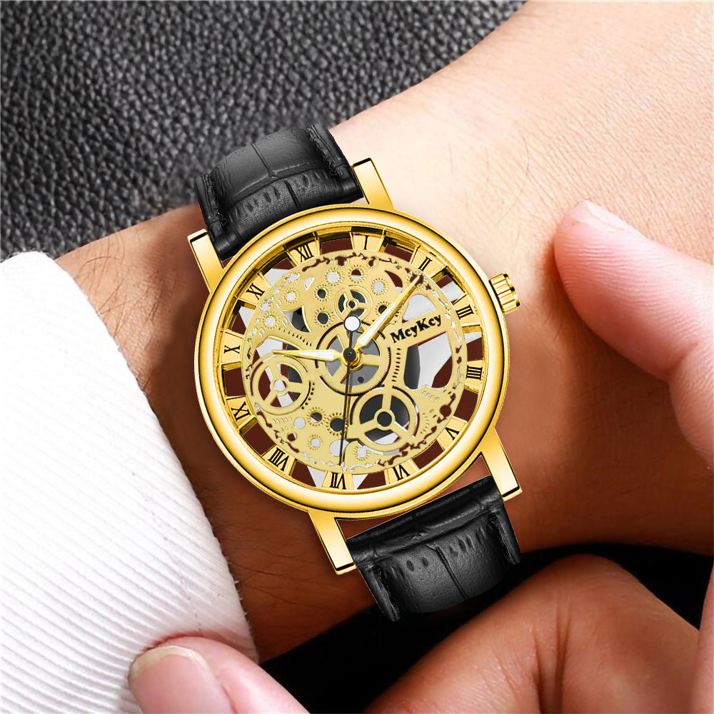 New men's watch - transparent case, skeleton design, simulated mechanical movement - men's leather strap quartz wristwatch - in stock, wholesale available