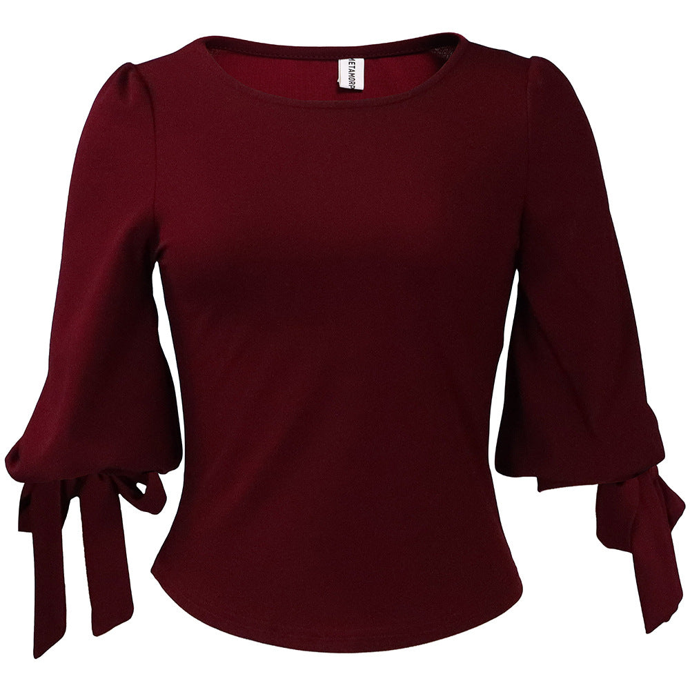 D338 european and american women's clothing  spring new fashion elegant slim-fit solid color tie-up puff sleeve top export blouse