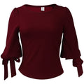 D338 european and american women's clothing  spring new fashion elegant slim-fit solid color tie-up puff sleeve top export blouse