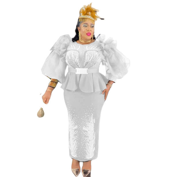 women's clothing african style gridsilm hot diamond puff sleeves long sleevesilmfake two-piecedress long skirt