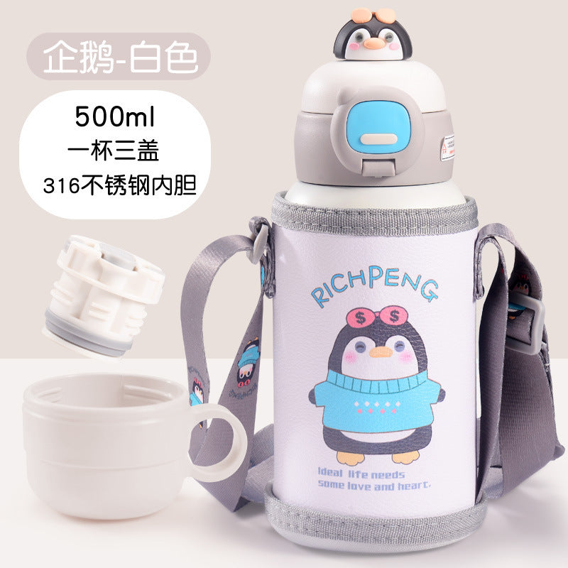 Cartoon 316 stainless steel insulated tumbler with straw, cup sleeve, portable single cup, double lid water bottle - wholesale gift option