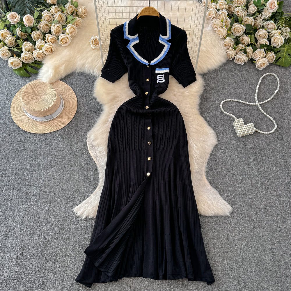 Fall and winter tweed style socialite short-sleeved contrast colorembroider suit collar waist slimming look single-breasted a-line knittingdress