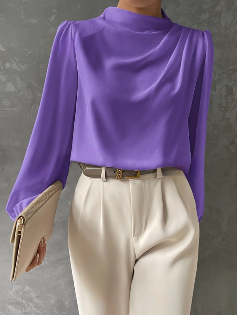 Solid color pleated women's blouse - elegant pullover satin top - new european and american style commuter long sleeve top