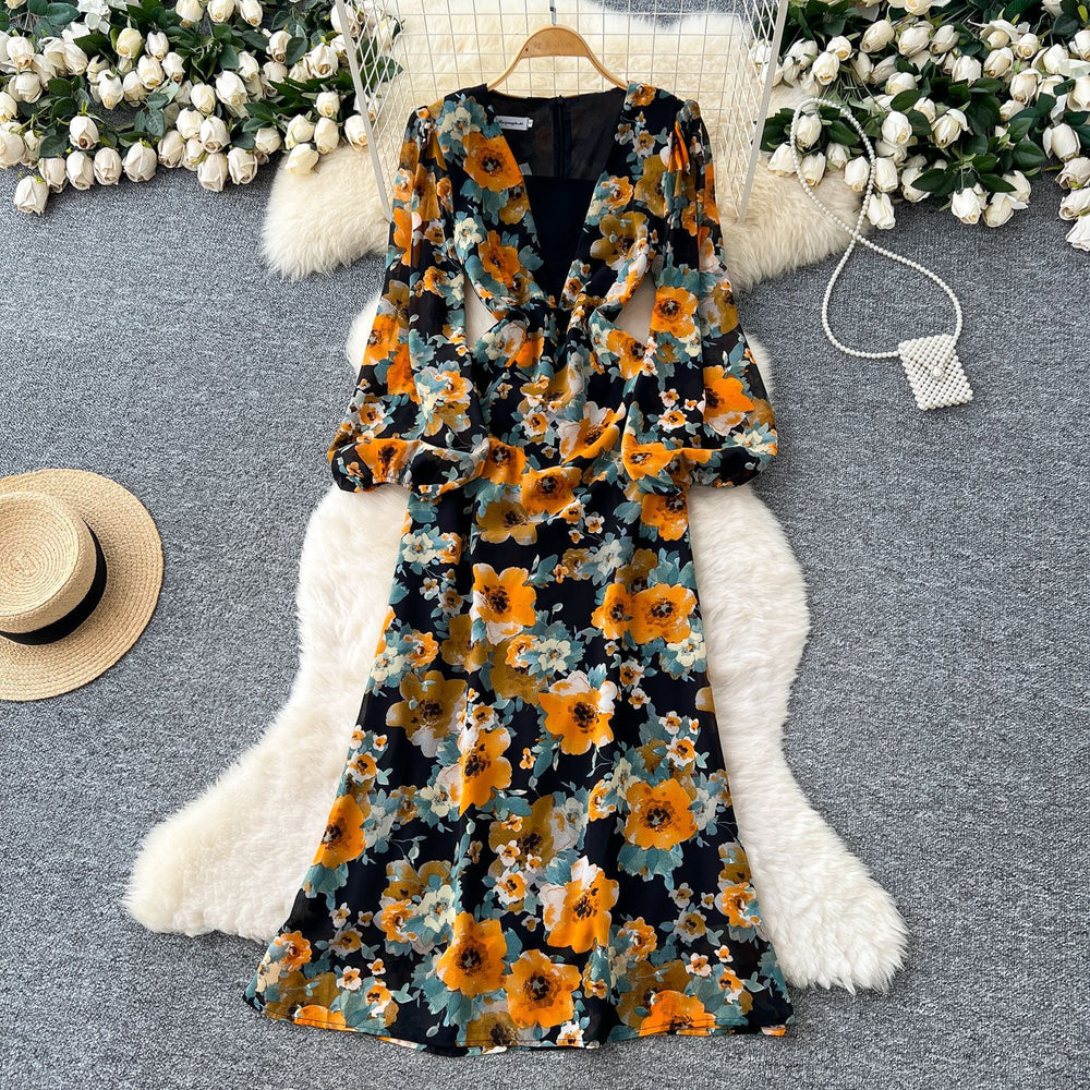 European and american style printed bubble sleeve dress - women's autumn slimming, figure-flattering, mature, chic, and exquisite long dress