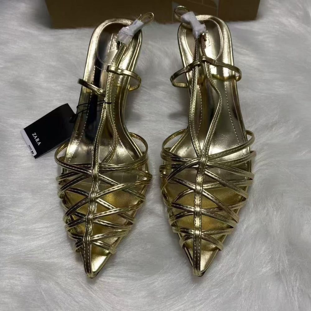 Za's 2025 summer new collection: trendy runway-ready electroplated stiletto heels with minimalist open-toe design and buckle strap detail