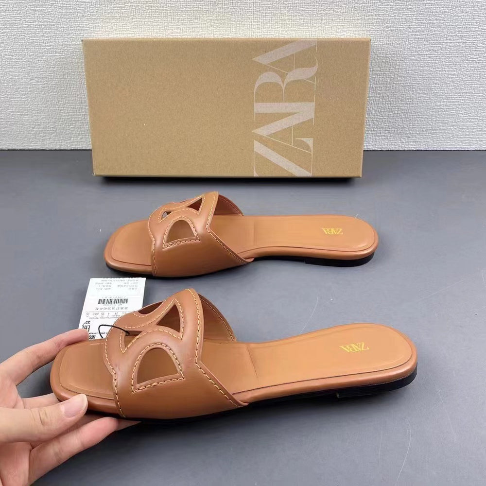 Za2024summernew arrivaltrf women's shoes brown cut out rhinestone decoration flats sandals casualeasiest for match slippers for women