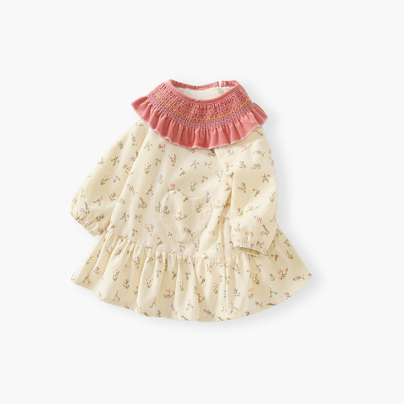 Girls' princess dress - new  collection: ruffled lace trim, round neck, fleece-lined floral dress with heart accents for girls