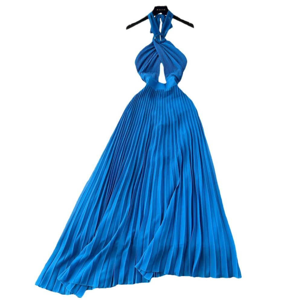 Sanya seaside vacation outfit sexy backless vest cut outhalterdress women's pleated longpleated skirt