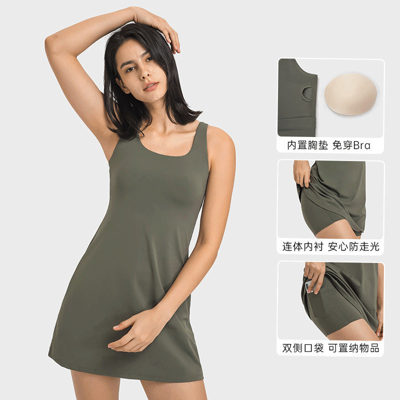 Spring/summer new two-piece look anti-exposure tennis skirt - high-stretch, comfortable, built-in bra pad, sports & outdoor yoga wear dt200