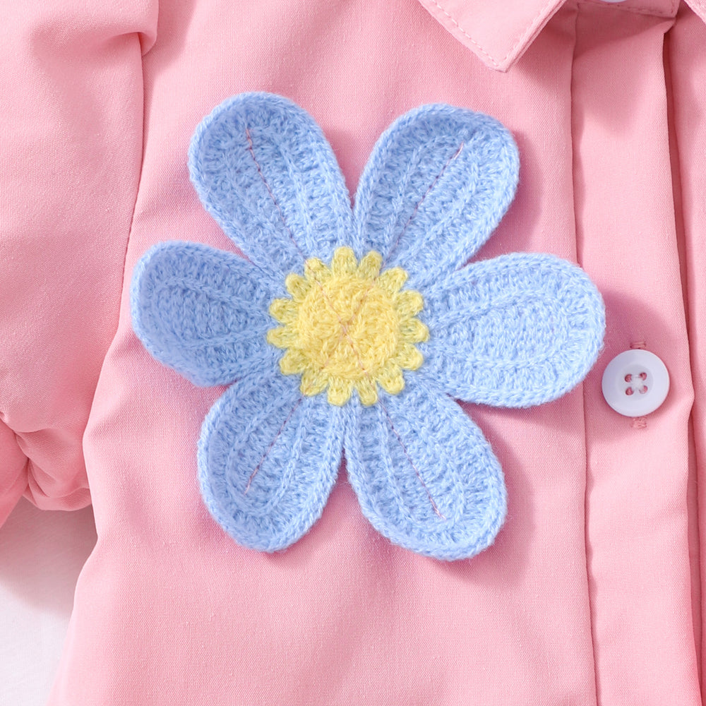 Girls' (toddler) dress, collared solid color dress with 3d floral appliqué