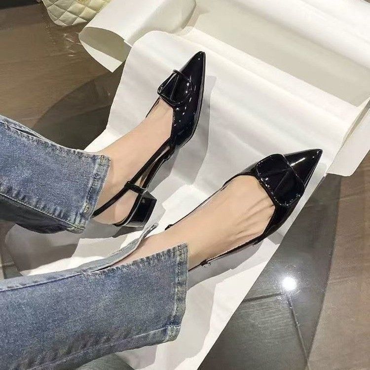 Chunky heel open-back sandals 2025 spring/summer french style single shoes patent leather with skirt nude low-cut closed-toe ankle strap high heels trendy