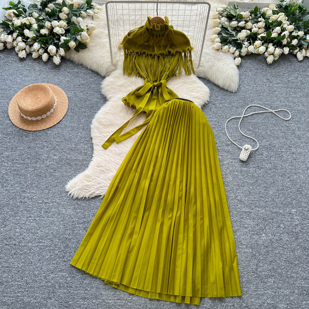 Miya pleated suit women's sense of design strappy waist tassel pleated topshigh waistpleated skirttwo-piece set