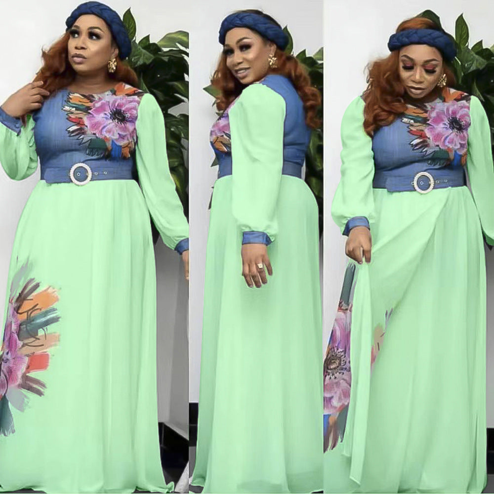 African women's plus size new fashion elegant high waist slimming printed long sleeve dress - cross-border supply, ready stock