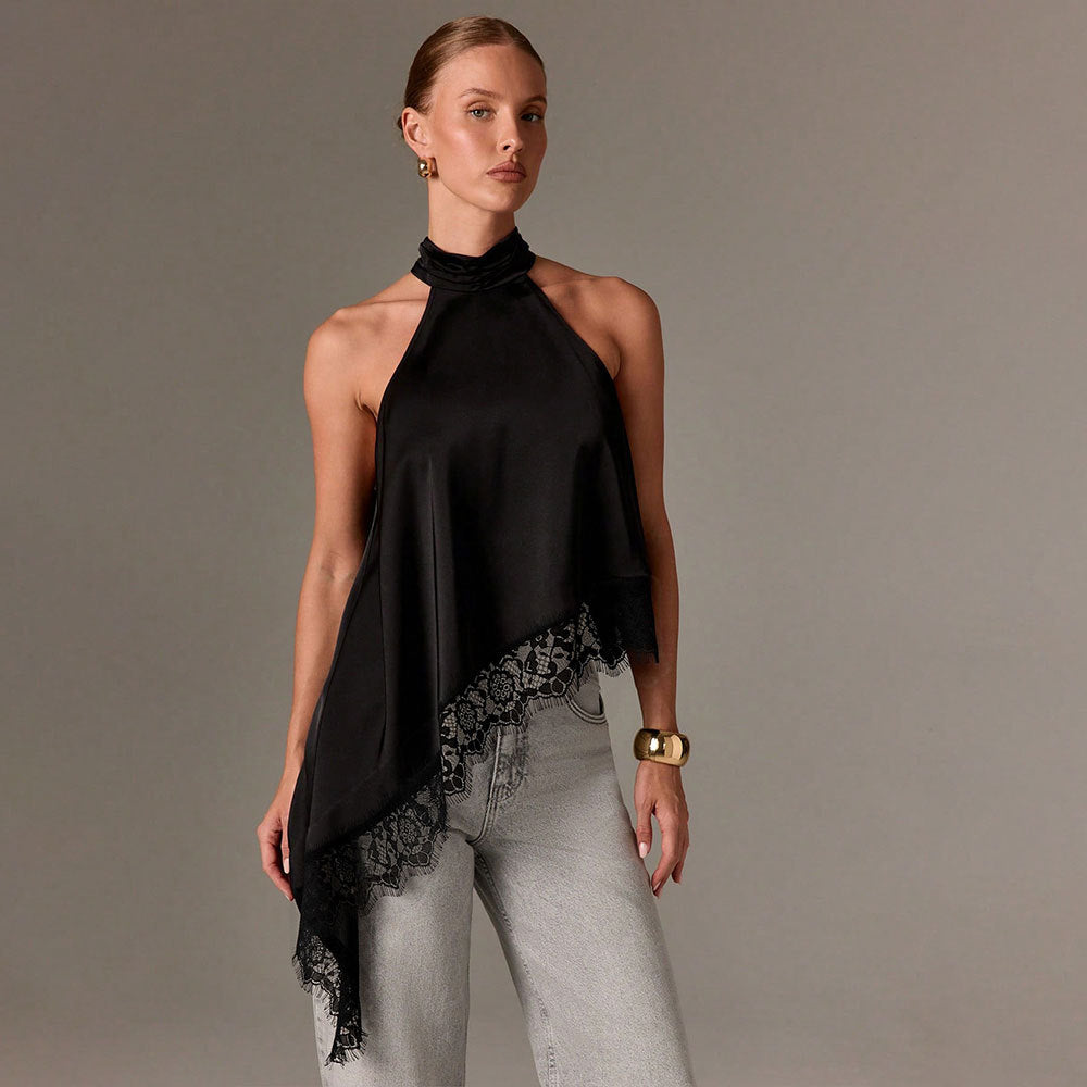 European and american summer new satin patchwork lace tank top halter sleeveless mandarin collar new off-the-shoulder irregular top
