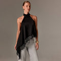 European and american summer new satin patchwork lace tank top halter sleeveless mandarin collar new off-the-shoulder irregular top