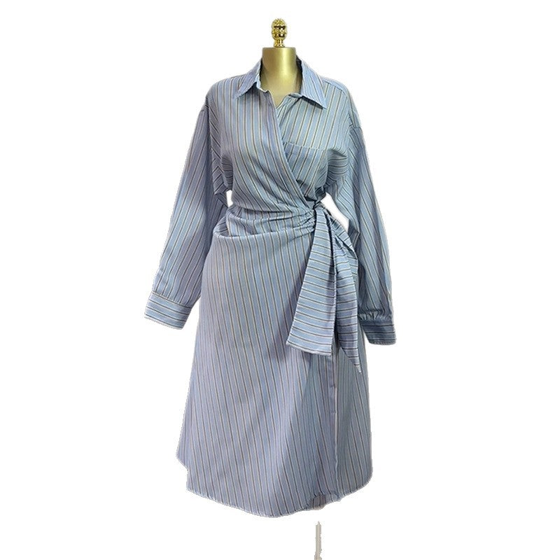European and american women's clothing  autumn new sweet and fresh striped turn-down collar long sleeve tie-waist maxi dress