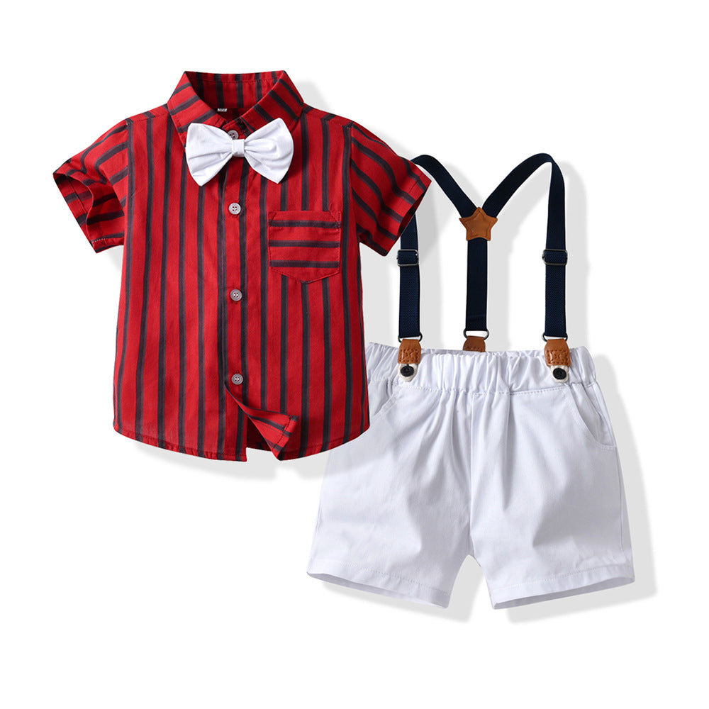 Summer boys' new short-sleeve plaid suspender set with bow tie - two-piece children's formal outfit for birthday celebrations and special occasions