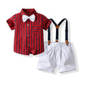 Summer boys' new short-sleeve plaid suspender set with bow tie - two-piece children's formal outfit for birthday celebrations and special occasions
