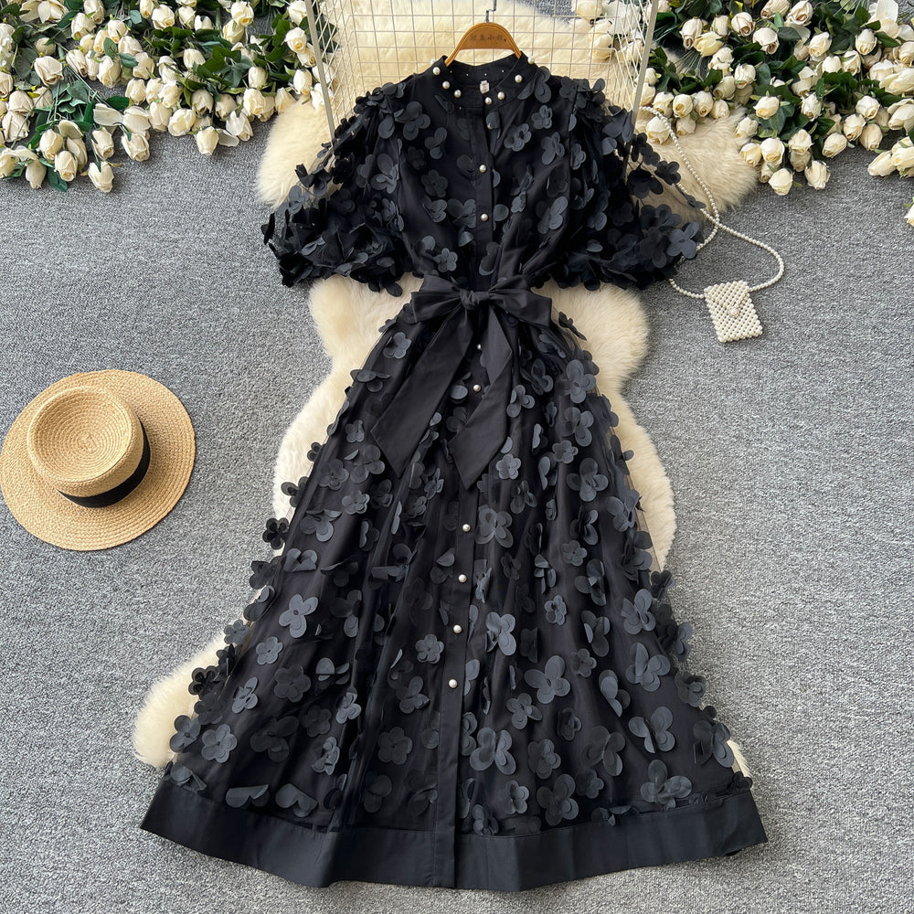 French chic 3d floral dress - women's summer  - slimming a-line dress with cinched waist - elegant work & evening gown