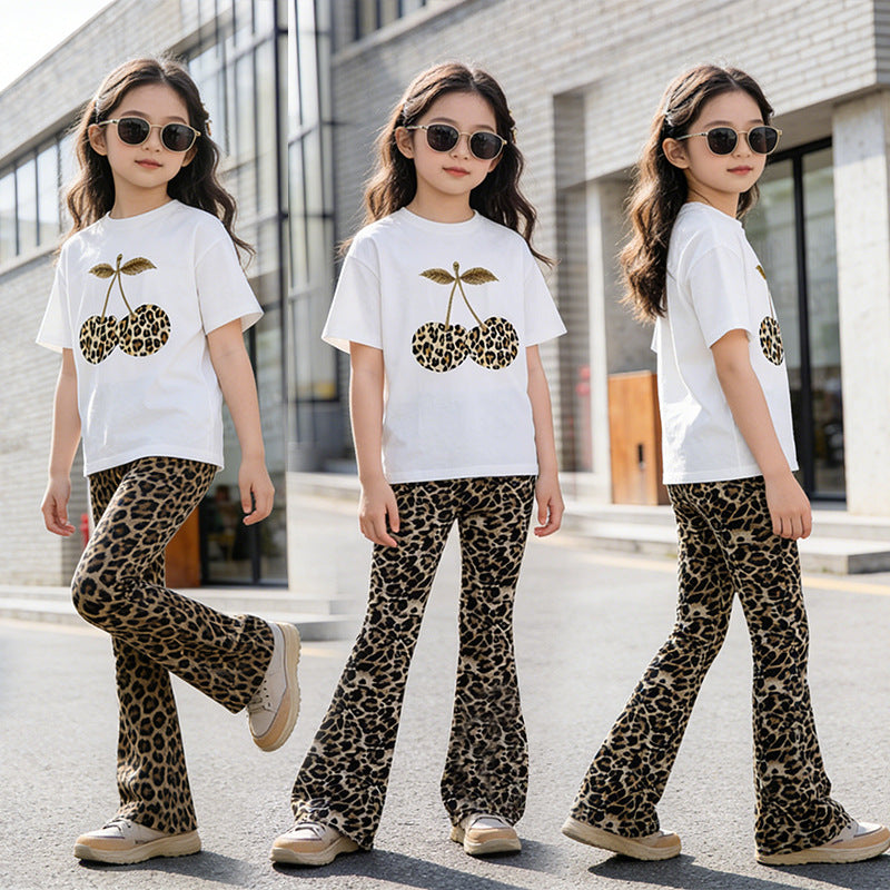 Girls' two-piece summer outfit: lightweight casual leopard print fashion set for girls,  new short-sleeve printed set